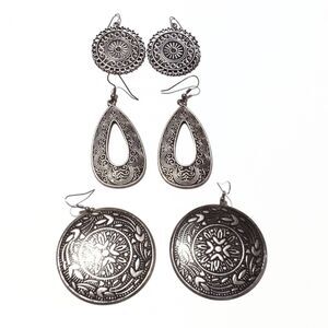 Set of Three Pair of Boho Inspired Large Silver Tone Drop Earrings